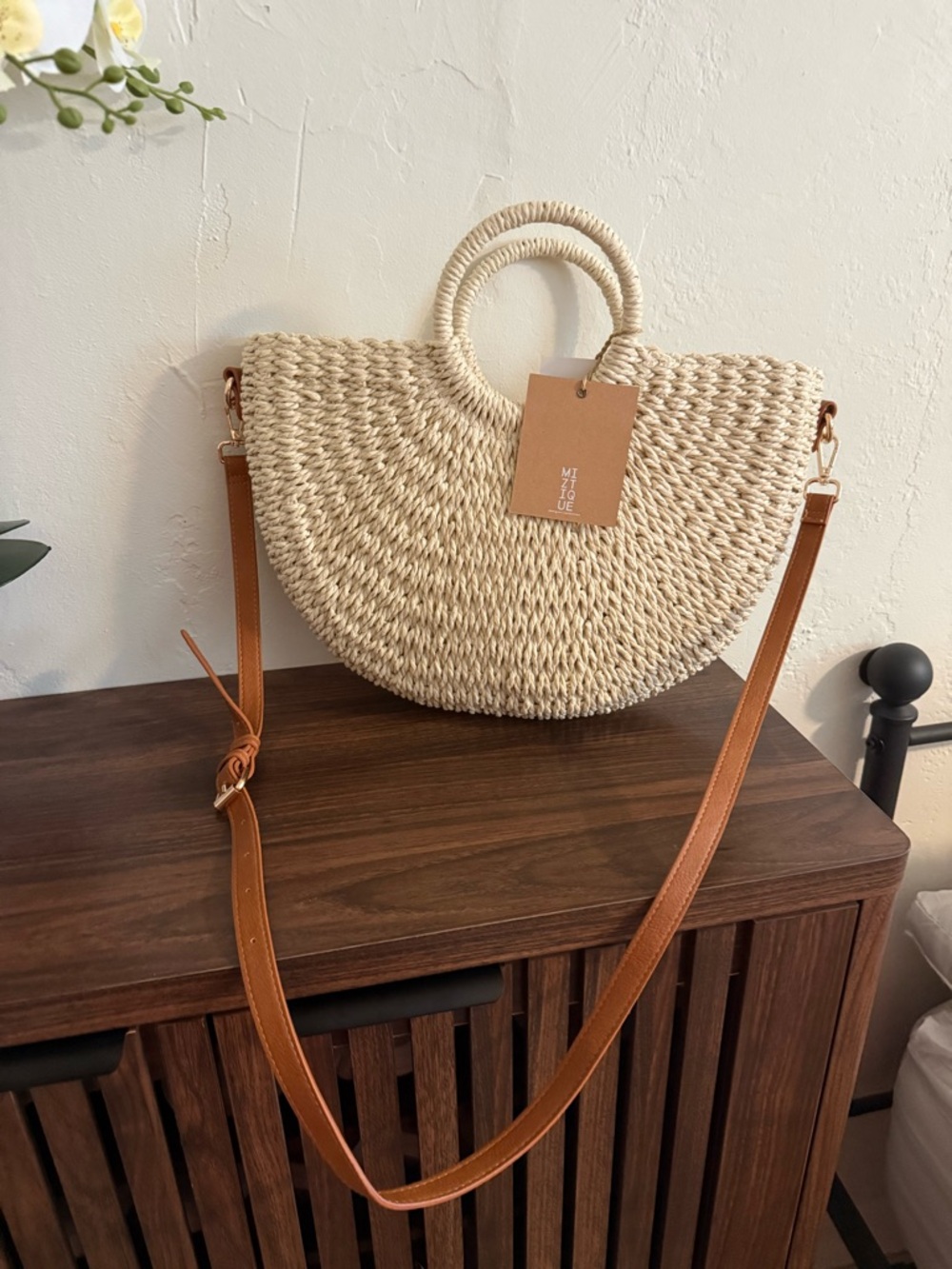 Cream Woven Half-Moon Straw Tote with Tan Strap